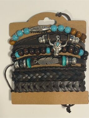 6 Pc Boho Adjustable Leather Wood Bead Bracelet Stack Bullhead Feather turquoise